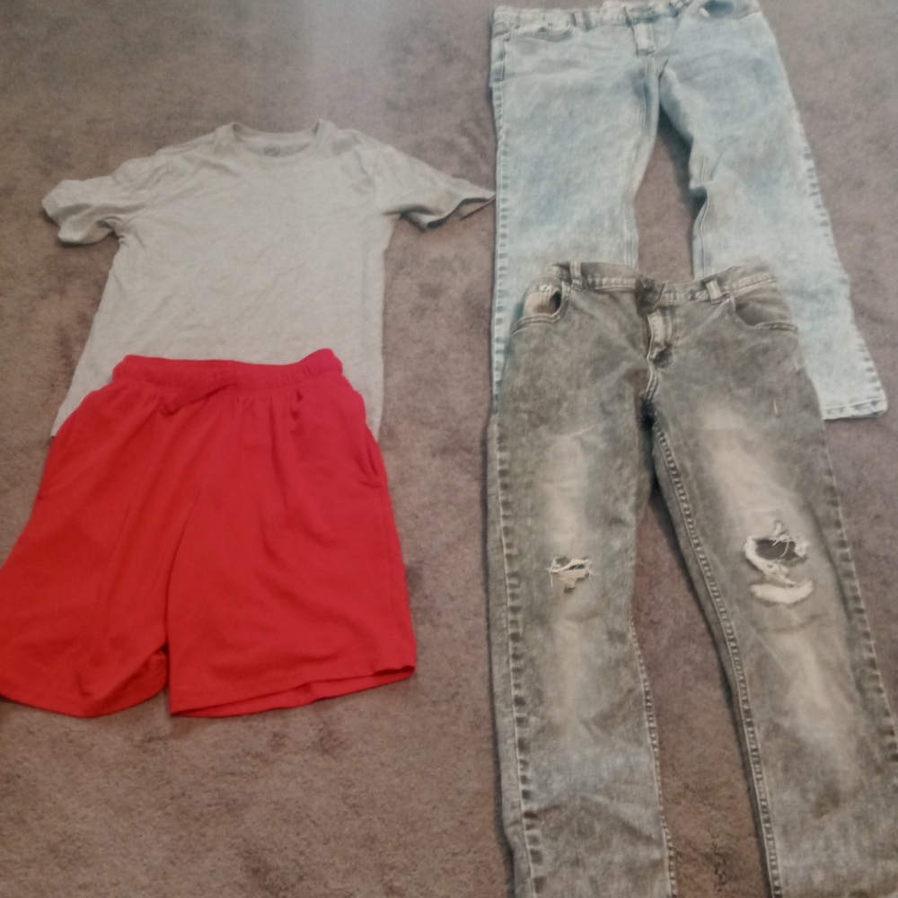Bundle Set Of 4 Boys Casual Clothing Set with Red Shorts and Jeans Size 10-12